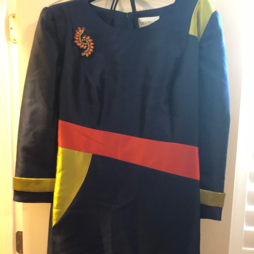 Navy Dress with Orange and Olive Accents